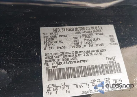 2003 Ford Expedition Xlt из США, поврежденный, VIN 1FMRU15W53LA47831